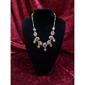 Vintage Costume Jewelry Necklace - Colorful Crystals in Silver Tone Settings 18"
